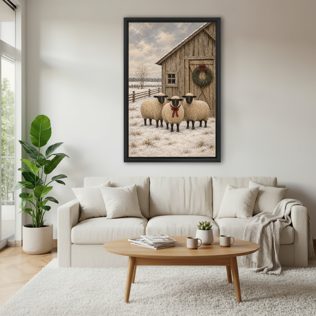 winter barn sheep canvas wall art framed above a white sofa with plants and round coffee table.