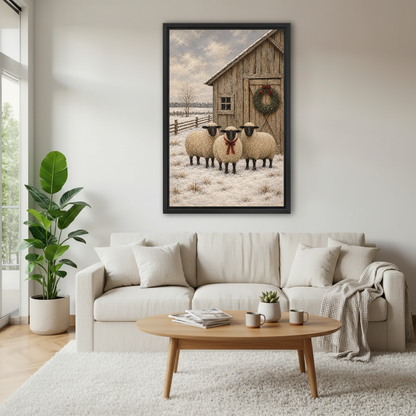 winter barn sheep canvas wall art framed above a white sofa with plants and round coffee table.