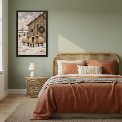 winter barn sheep canvas wall art framed above a copper bed against a muted green wall.