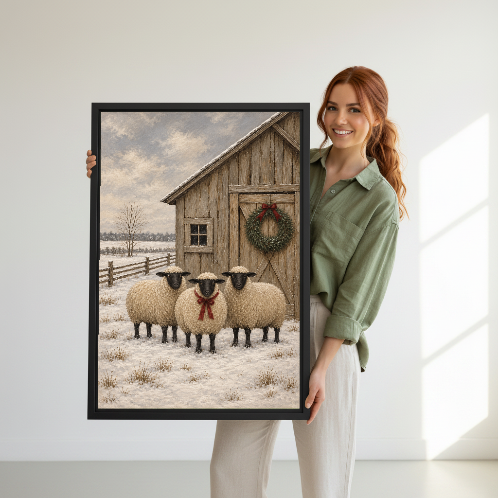 winter barn sheep canvas wall art framed as a woman in green holds the artwork indoors.