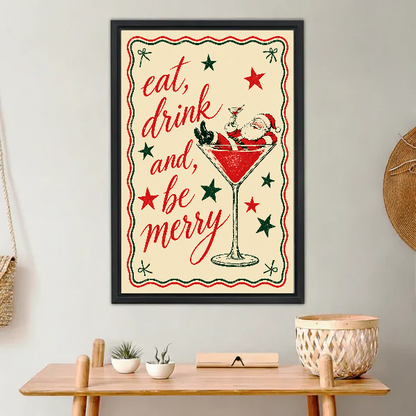 retro santa martini canvas wall art framed above a light wood console with cacti and basket.