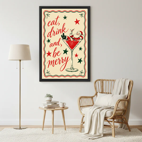 retro santa martini canvas wall art framed beside a wicker armchair with floor lamp and small table.