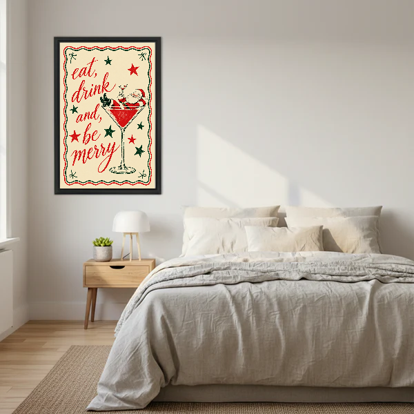 retro santa martini canvas wall art framed above a neutral cream bed with wooden nightstands.