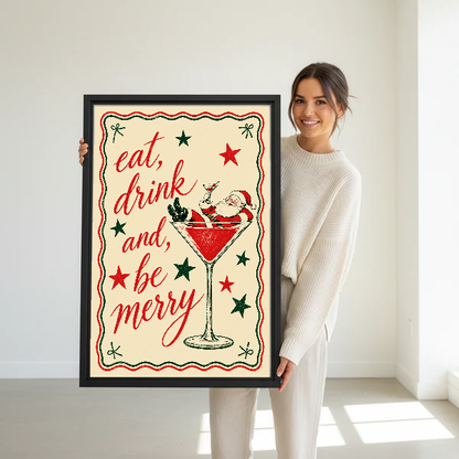 retro santa martini canvas wall art framed as a woman dressed in white holds the artwork.