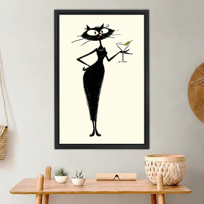 midcentury martini cat canvas wall art framed above a light wood console with cacti and basket.