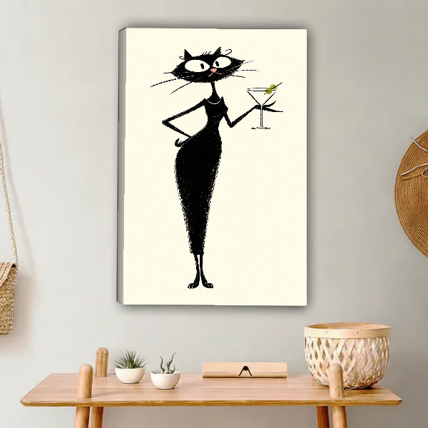 midcentury martini cat canvas wall art unframed above a light wood console with cacti and basket.