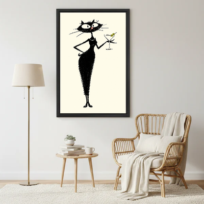 midcentury martini cat canvas wall art framed beside a wicker armchair with floor lamp and small table.