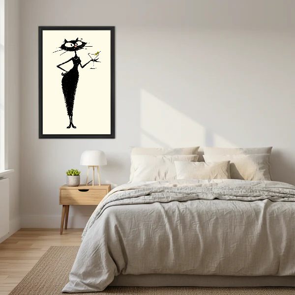 midcentury martini cat canvas wall art framed above a neutral cream bed with wooden nightstands.