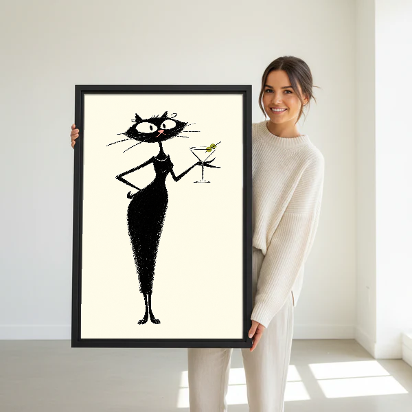 midcentury martini cat canvas wall art framed as a woman dressed in white holds the artwork.