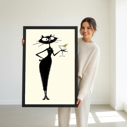 midcentury martini cat canvas wall art framed as a woman dressed in white holds the artwork.