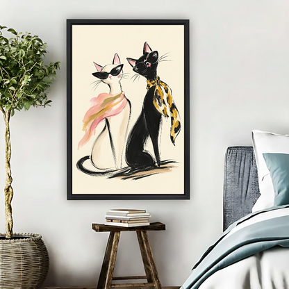 fashion sunglasses cats canvas wall art framed beside a blue bed with books and a leafy plant.