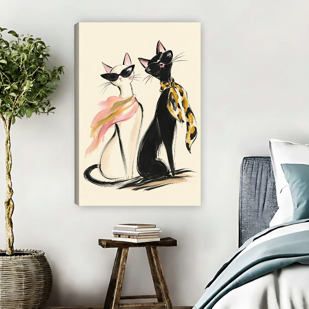 fashion sunglasses cats canvas wall art unframed beside a blue bed with books and a leafy plant.