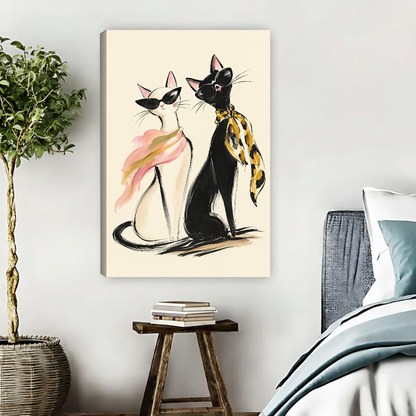 fashion sunglasses cats canvas wall art unframed beside a blue bed with books and a leafy plant.