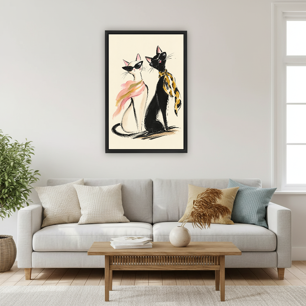 fashion sunglasses cats canvas wall art framed above a light gray sofa and wooden coffee table.