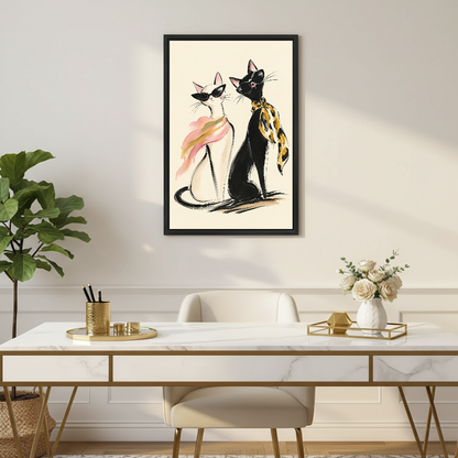 fashion sunglasses cats canvas wall art framed above a white desk with flowers and white chair.