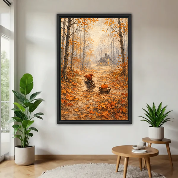 autumn hedgehog pumpkin canvas wall art framed above a wooden table beside green plants and stools.