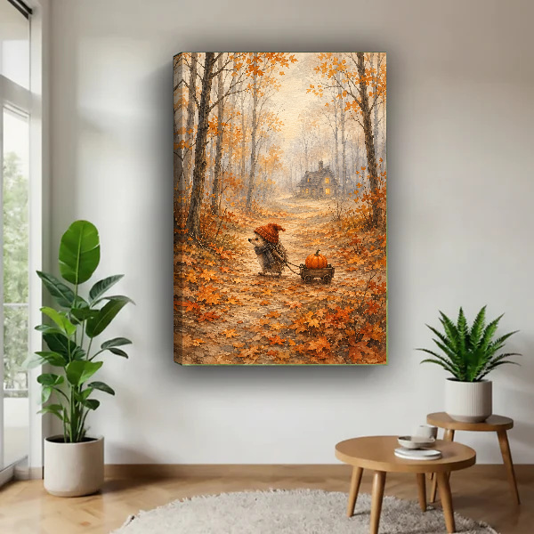 autumn hedgehog pumpkin canvas wall art unframed above a wooden table beside green plants and stools.