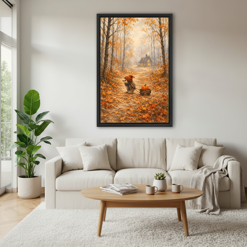 autumn hedgehog pumpkin canvas wall art framed above a white sofa with plants and round coffee table.