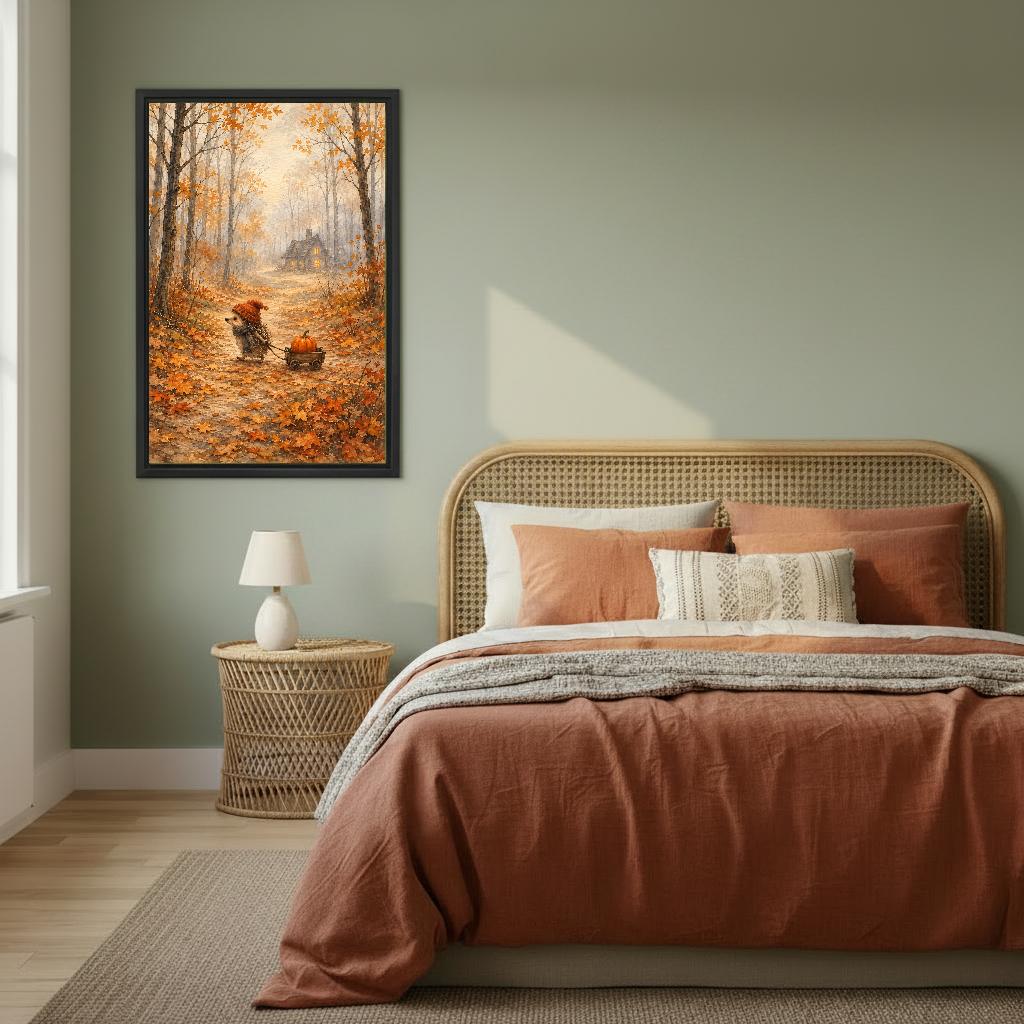 autumn hedgehog pumpkin canvas wall art framed above a copper bed against a muted green wall.