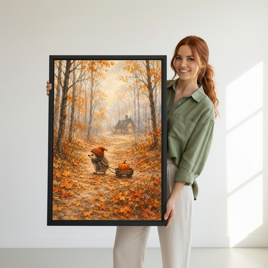 autumn hedgehog pumpkin canvas wall art framed as a woman in green holds the artwork indoors.