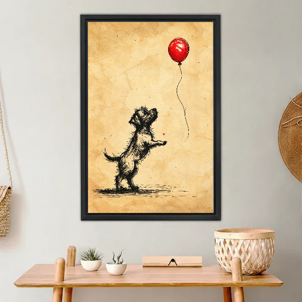 red balloon terrier canvas wall art framed above a light wood console with cacti and basket.