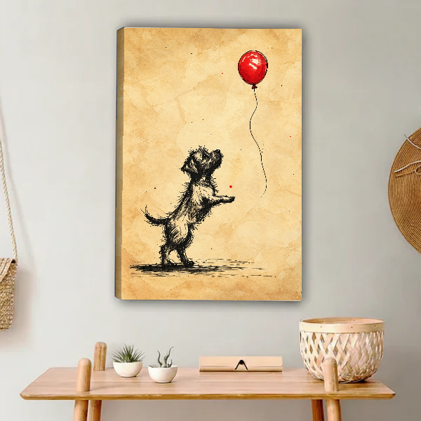 red balloon terrier canvas wall art unframed above a light wood console with cacti and basket.