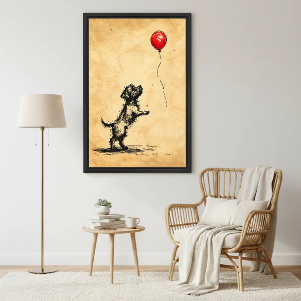 red balloon terrier canvas wall art framed beside a wicker armchair with floor lamp and small table.