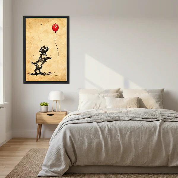 red balloon terrier canvas wall art framed above a neutral cream bed with wooden nightstands.