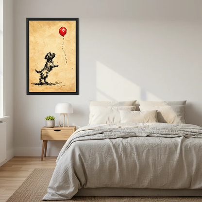 red balloon terrier canvas wall art framed above a neutral cream bed with wooden nightstands.