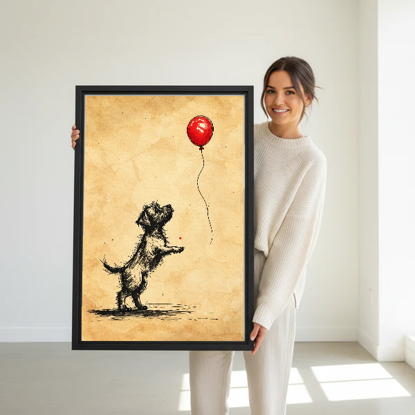 red balloon terrier canvas wall art framed as a woman dressed in white holds the artwork.