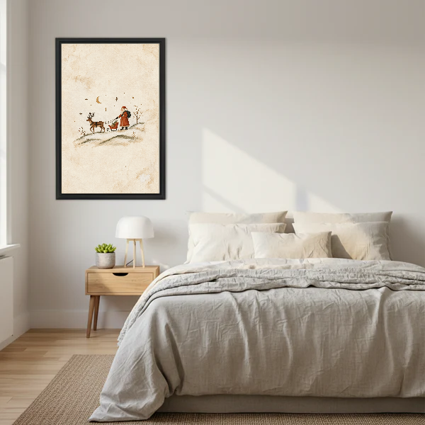 minimalist santa sleigh canvas wall art framed above a neutral cream bed with wooden nightstands.