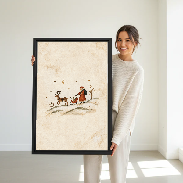 minimalist santa sleigh canvas wall art framed as a woman dressed in white holds the artwork.