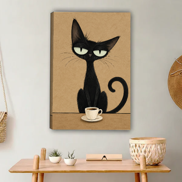 sleepy coffee cat canvas wall art unframed above a light wood console with cacti and basket.