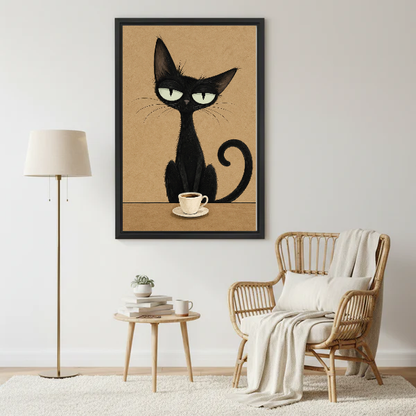 sleepy coffee cat canvas wall art framed beside a wicker armchair with floor lamp and small table.