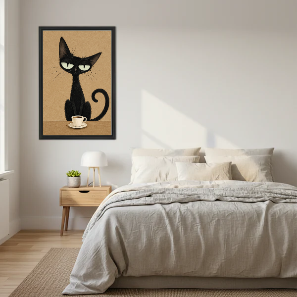 sleepy coffee cat canvas wall art framed above a neutral cream bed with wooden nightstands.