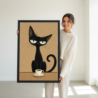 sleepy coffee cat canvas wall art framed as a woman dressed in white holds the artwork.