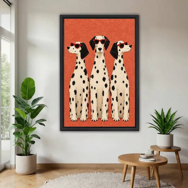 cool dalmatian trio canvas wall art framed above a wooden table beside green plants and stools.
