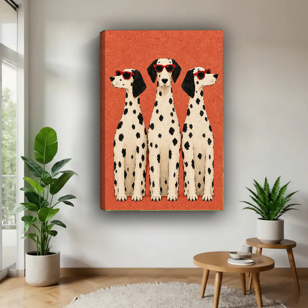 cool dalmatian trio canvas wall art unframed above a wooden table beside green plants and stools.