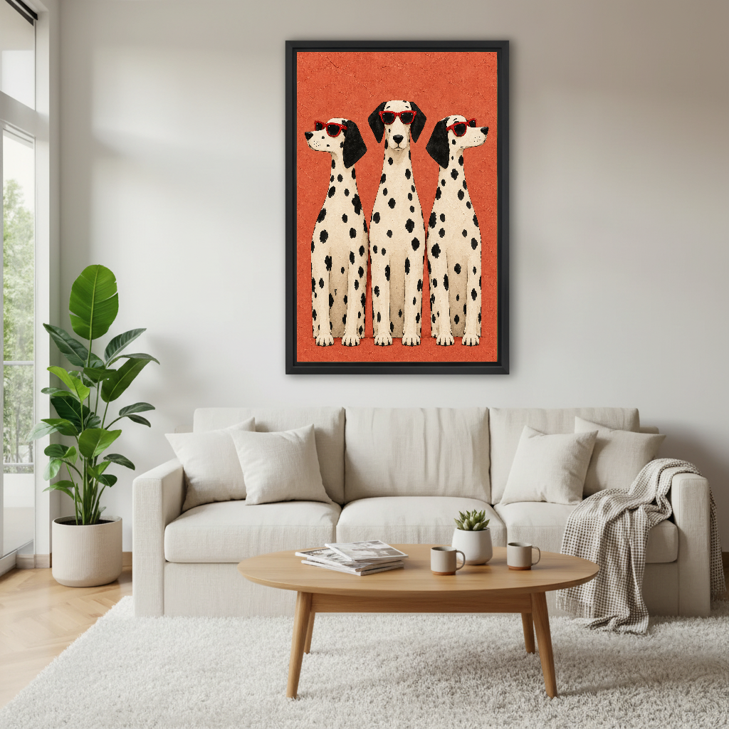 cool dalmatian trio canvas wall art framed above a white sofa with plants and round coffee table.