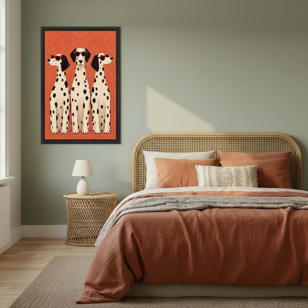 cool dalmatian trio canvas wall art framed above a copper bed against a muted green wall.