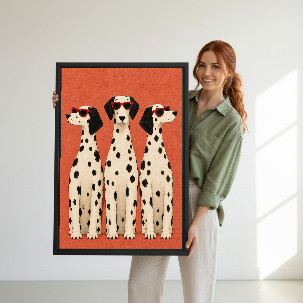cool dalmatian trio canvas wall art framed as a woman in green holds the artwork indoors.