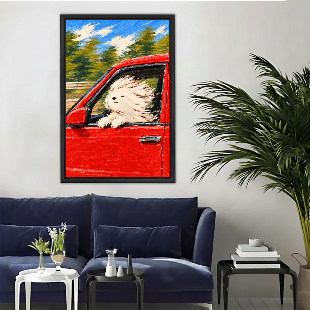 windy roadtrip dog canvas wall art framed above a navy sofa beside an indoor palm.