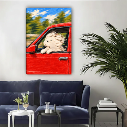 windy roadtrip dog canvas wall art unframed above a navy sofa beside an indoor palm.