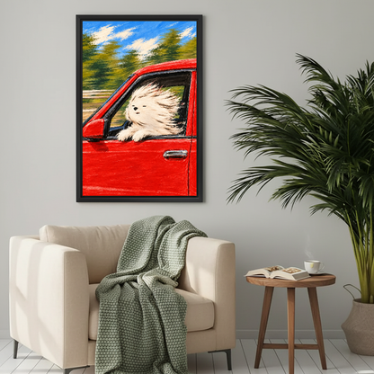 windy roadtrip dog canvas wall art framed above a cream armchair with a green knitted blanket.