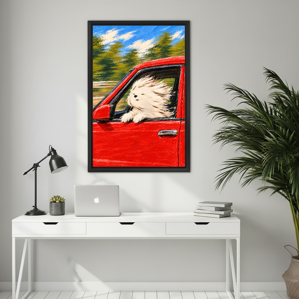 windy roadtrip dog canvas wall art framed above a white desk with laptop and black lamp.