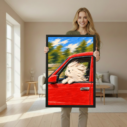 windy roadtrip dog canvas wall art framed as a woman holds the artwork in a neutral room.