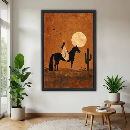 moonlit western rider canvas wall art framed above a wooden table beside green plants and stools.