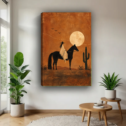 moonlit western rider canvas wall art unframed above a wooden table beside green plants and stools.