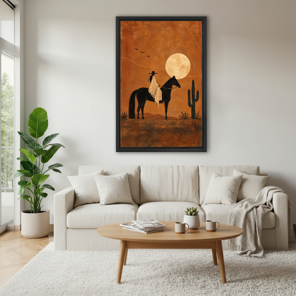 moonlit western rider canvas wall art framed above a white sofa with plants and round coffee table.