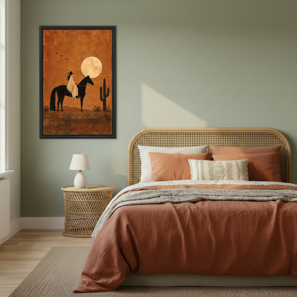 moonlit western rider canvas wall art framed above a copper bed against a muted green wall.